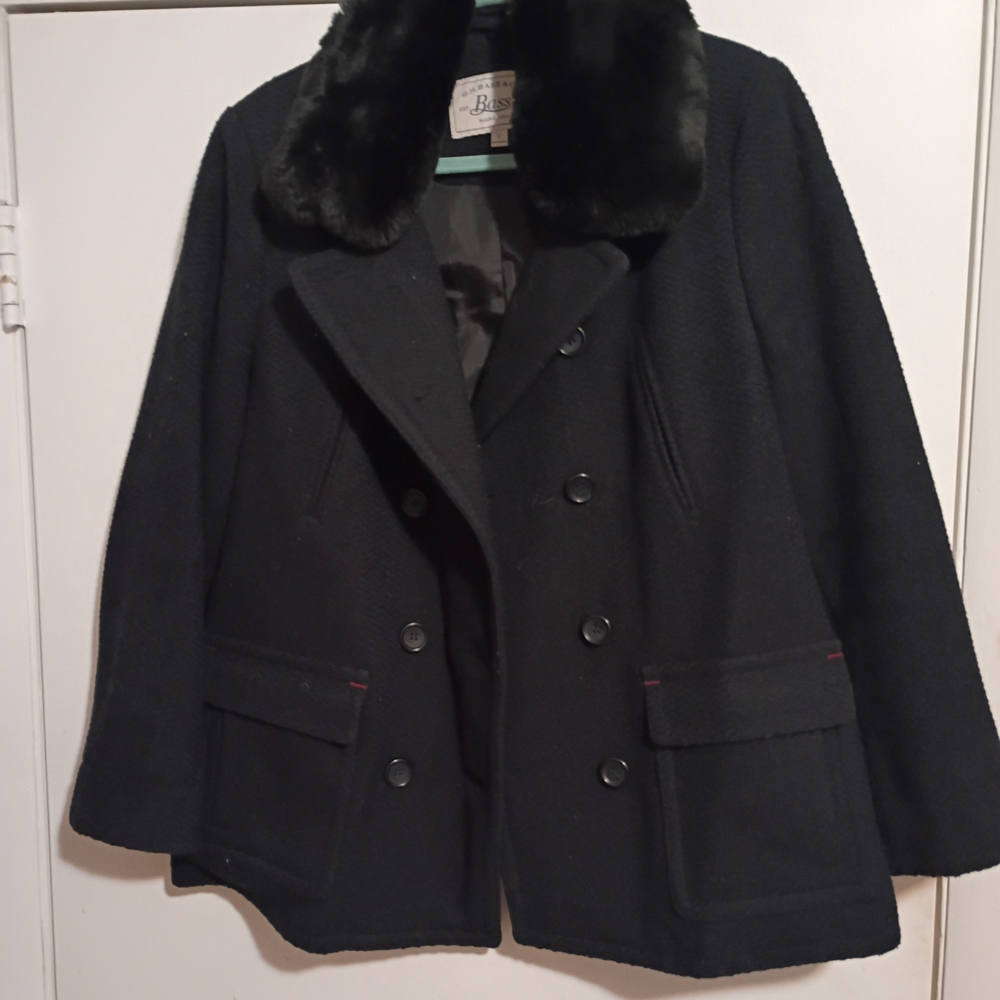G.H. Bass & Co. Black Wool Double-Breasted Pea Coat with Faux Fur Collar